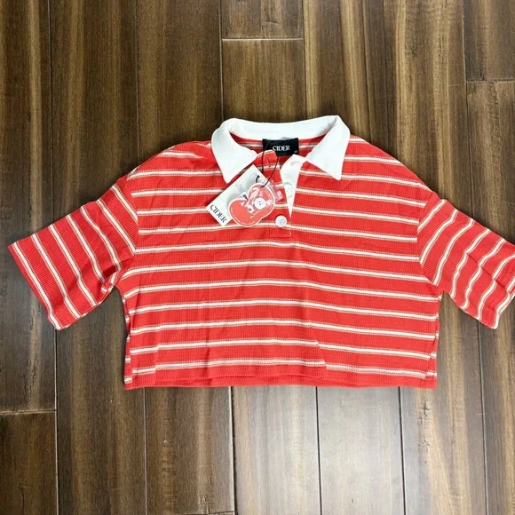 NWT Cider Size XS Striped Crop Top Henley Short Sleeve Shirt y2k - Picture 1 of 4